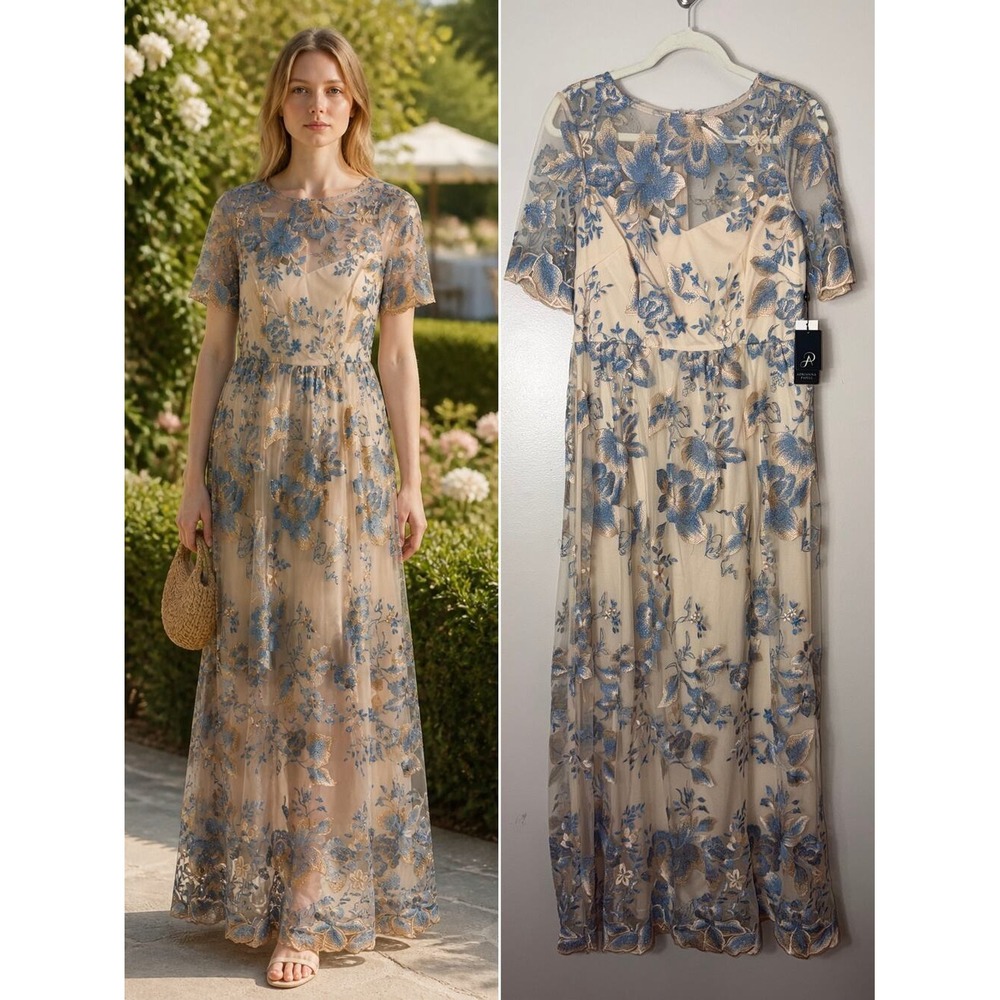 Adrianna Papell Dress 12 Tan Blue Lace Floral Embroidered Wedding Guest Formal